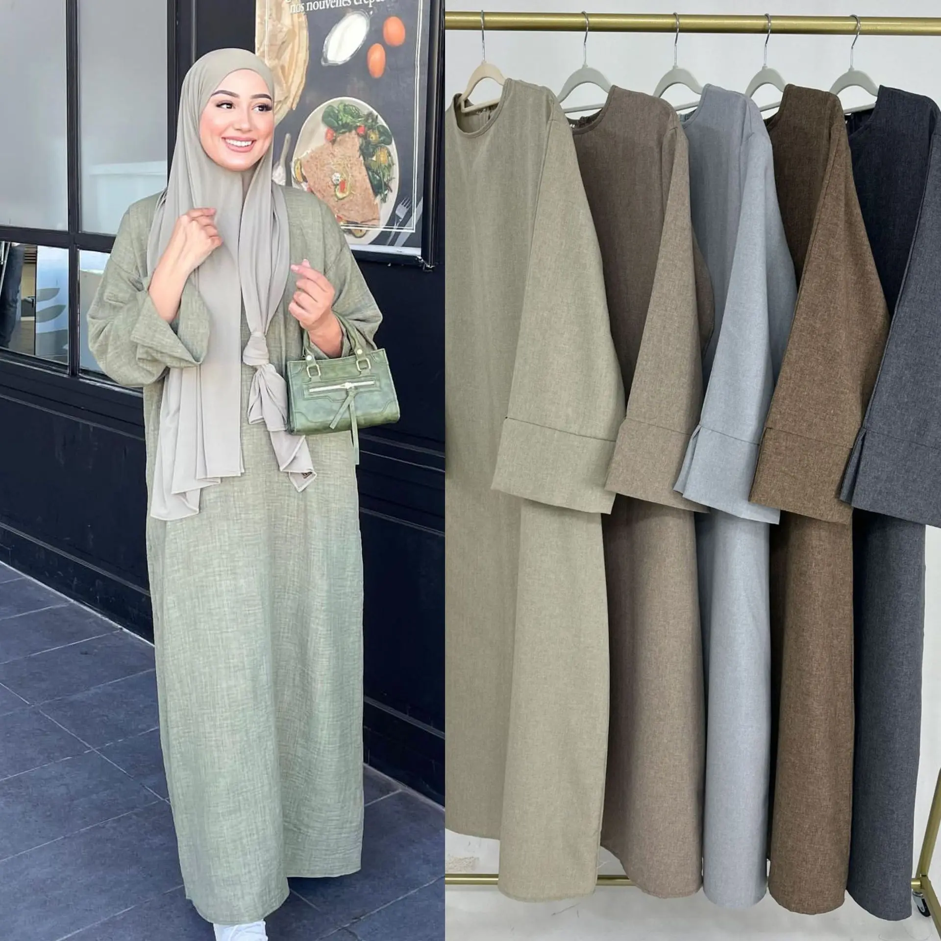 

Elegant Women's Linen Maxi Muslim Abaya Robe Long Sleeve Modest Natural Solid Color Dress Casual for Summer Imported Turkey