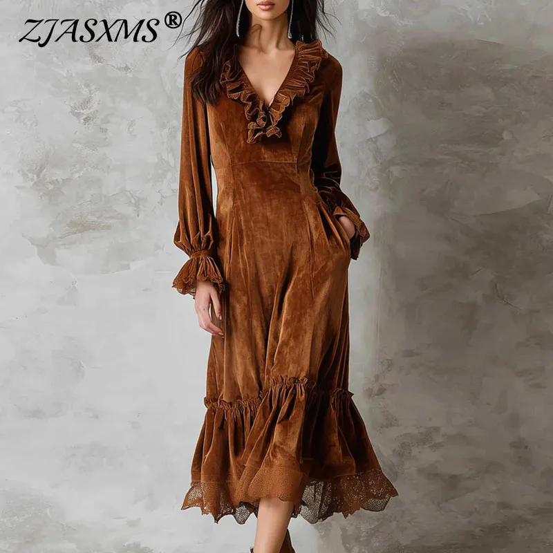 

French Sexy Patchwork Lace Ruffle Long Dress Woman Fall V Neck Pocket Elegant Party Dresses Winter Long Sleeve Chic Velvet Dress