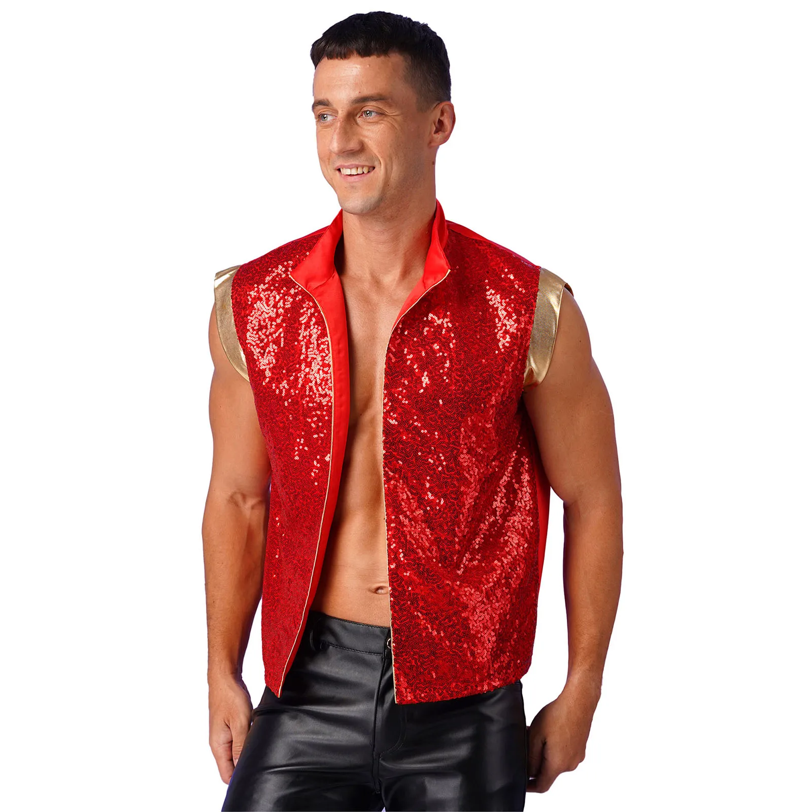 Mens Arabian Prince Costumes Sparkly Sequin Open Front Vest Halloween Vest Metallic Patchwork Waistcoat Indian Arabian Cosplay