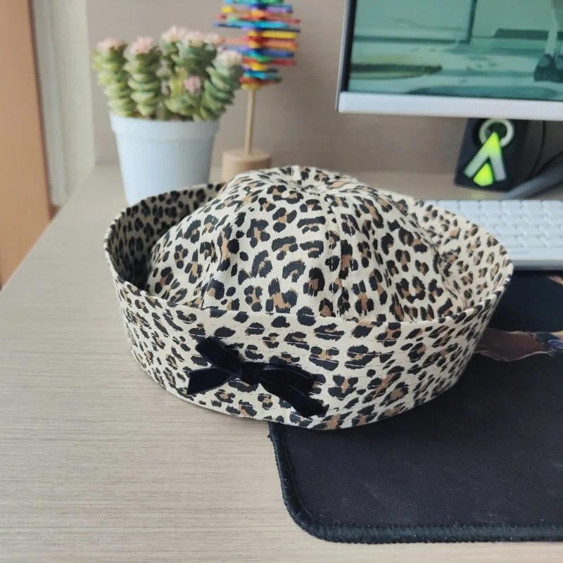 2024 Niche Personalized Bow Leopard Print Sailor Hat Women\'s Spring and Autumn Thin Flipped Brim Foldable Street Trend Beret