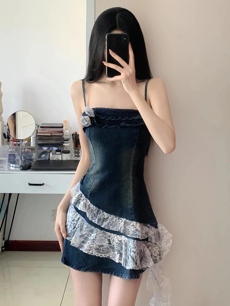 หญิงSlim Denimชุดลูกไม้Ruffles Patchworkไม่สม่ําเสมอCamisฤดูร้อนแฟชั่นเซ็กซี่เครื่องเทศสาว 2025 Y2kผู้หญิงเสื้อผ้า