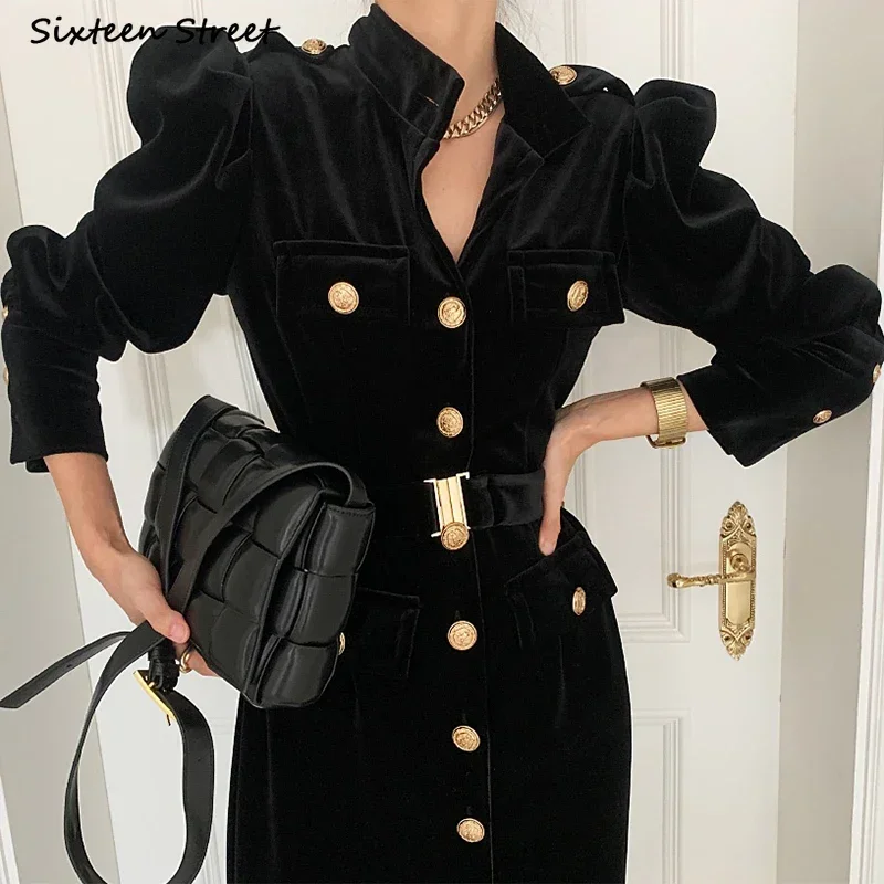 Autumn Winter Golden Button Black Dress for Women Chic Vintage Vestido Maxi Dresses Ladies Office Business Korean Clothing