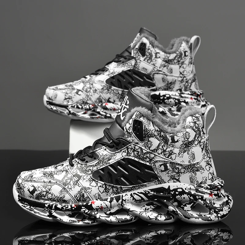 

2025 Winter Keep Warm Plush Sneakers Men Leather Waterproof Snow Shoes Outdoor Walking Graffiti Shoes Men Footwear Size 39-48