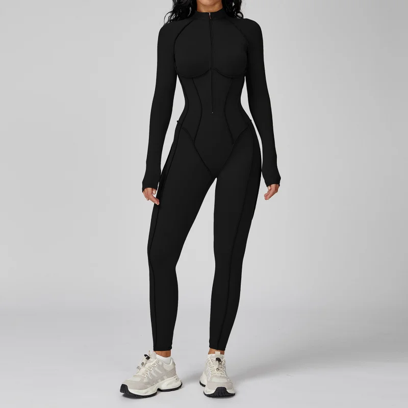 Women Zipper Long Sleeves Leggings Nude Yoga Jumpsuits Gym Fitness BodySuit Workout Clothes Sportswear Tracksuits Shapewear