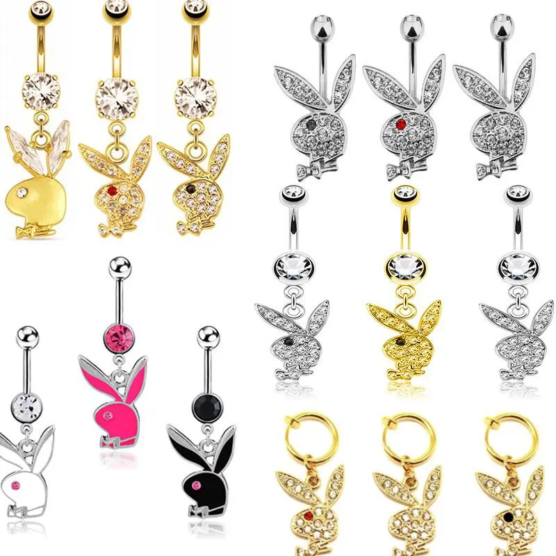 Lot Belly Button Rings Bunny Navel rings Gold color Rabbit Belly Rings for Women Gem stone Pink Bunny Fake Belly Piercing Ring