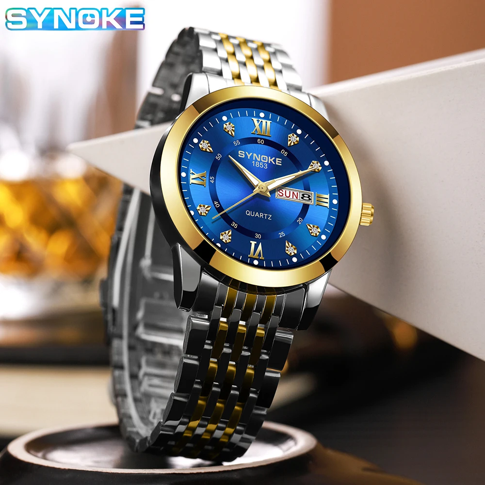 SYNOKE Non Automatic Movement Luminous Sports Waterproof Quartz Watch round Pointer Glass Calendar Business Quartz Watch For Men