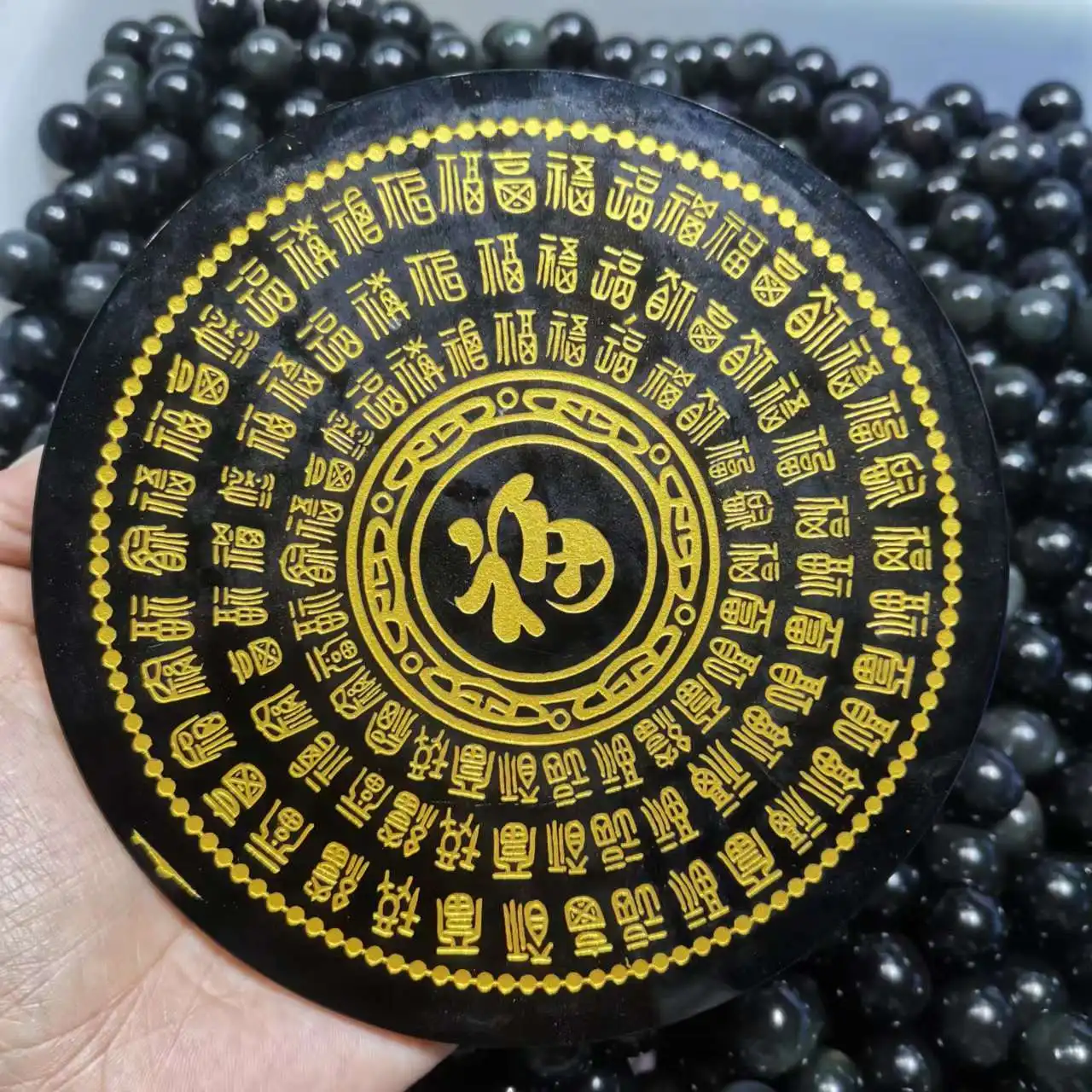 

140mm Natural black obsidian stone Disk round plate fengshui For Home Decoration