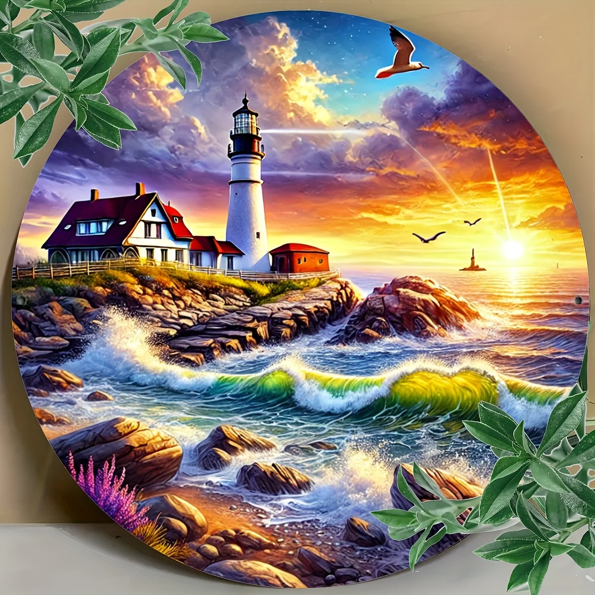 Aluminum Foil Engraved Decorative Sign – Weatherproof Lighthouse & Sea at Sunset Scene – Round Metal Wall Art for Home, Room, Co