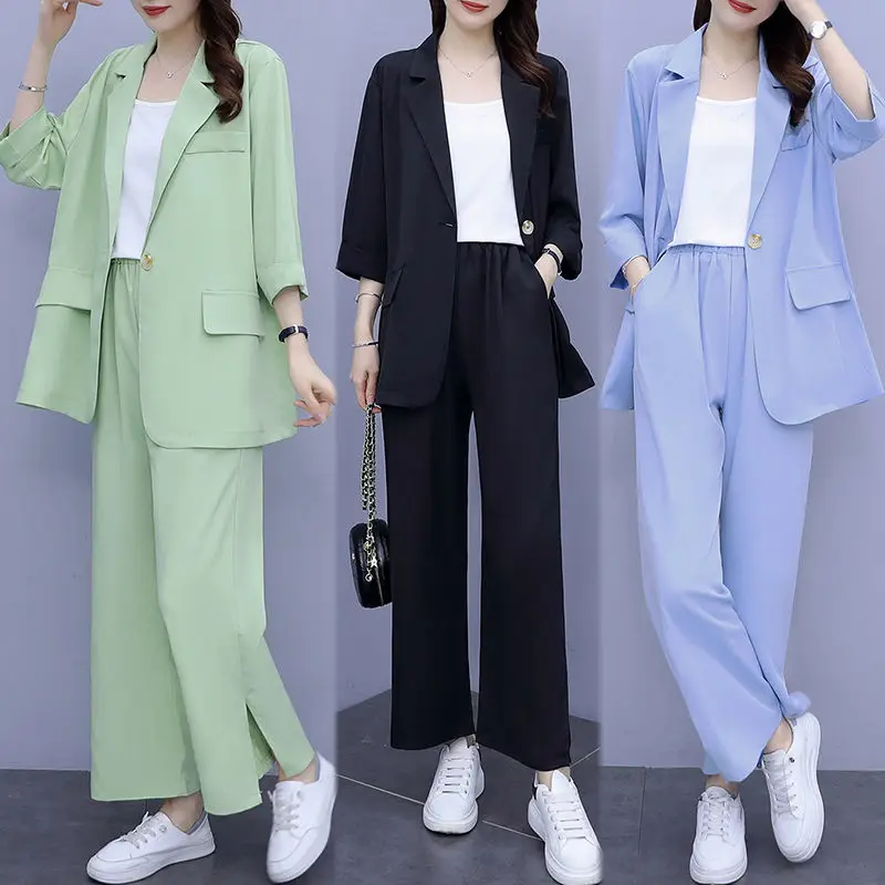 Women\'s 2024 Spring New Casual Thin Suit Jacket Matching Set Korean Elegant Loose Blazers Pants Two Piece Female Chic Clothing