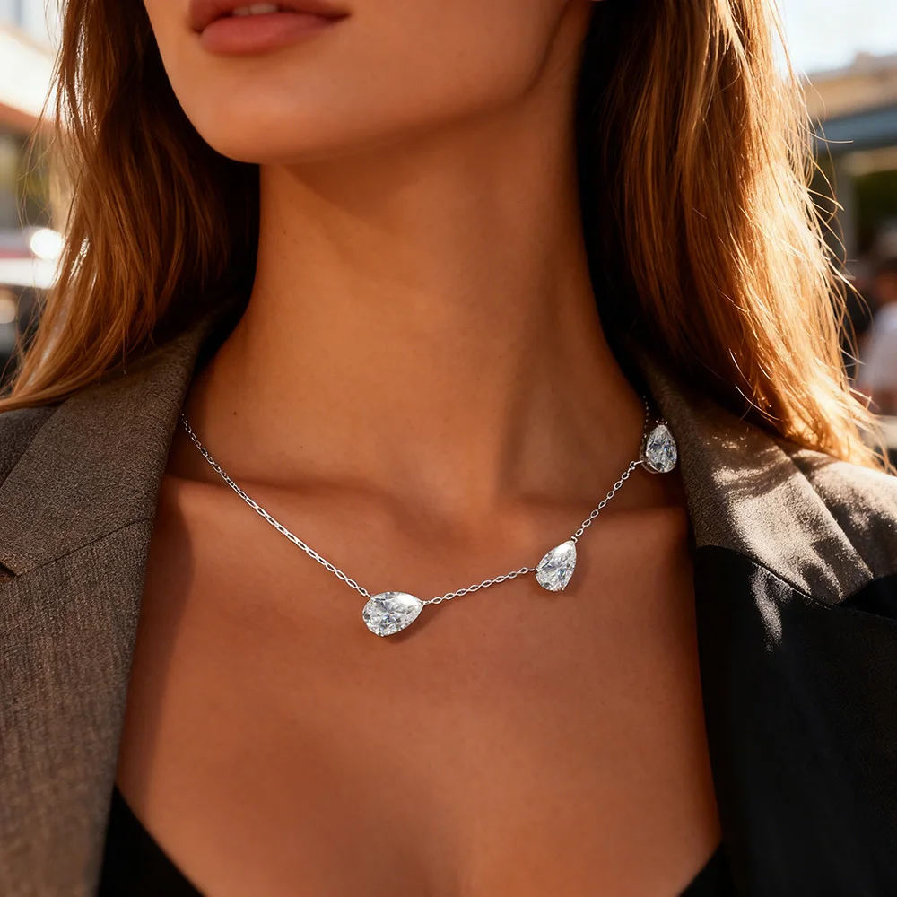 EWYA 3-Stone Pear Cut Graduated Moissanite Pendant Necklace s925 Silver East West Teardrop All Diamond Neck Chain Women Gift