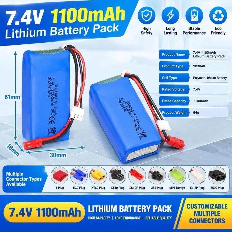 7.4V 1100mAh Lithium Battery 903048 for V353 A949 A959 A969 A979 K929 RC Car Model Replacement Battery