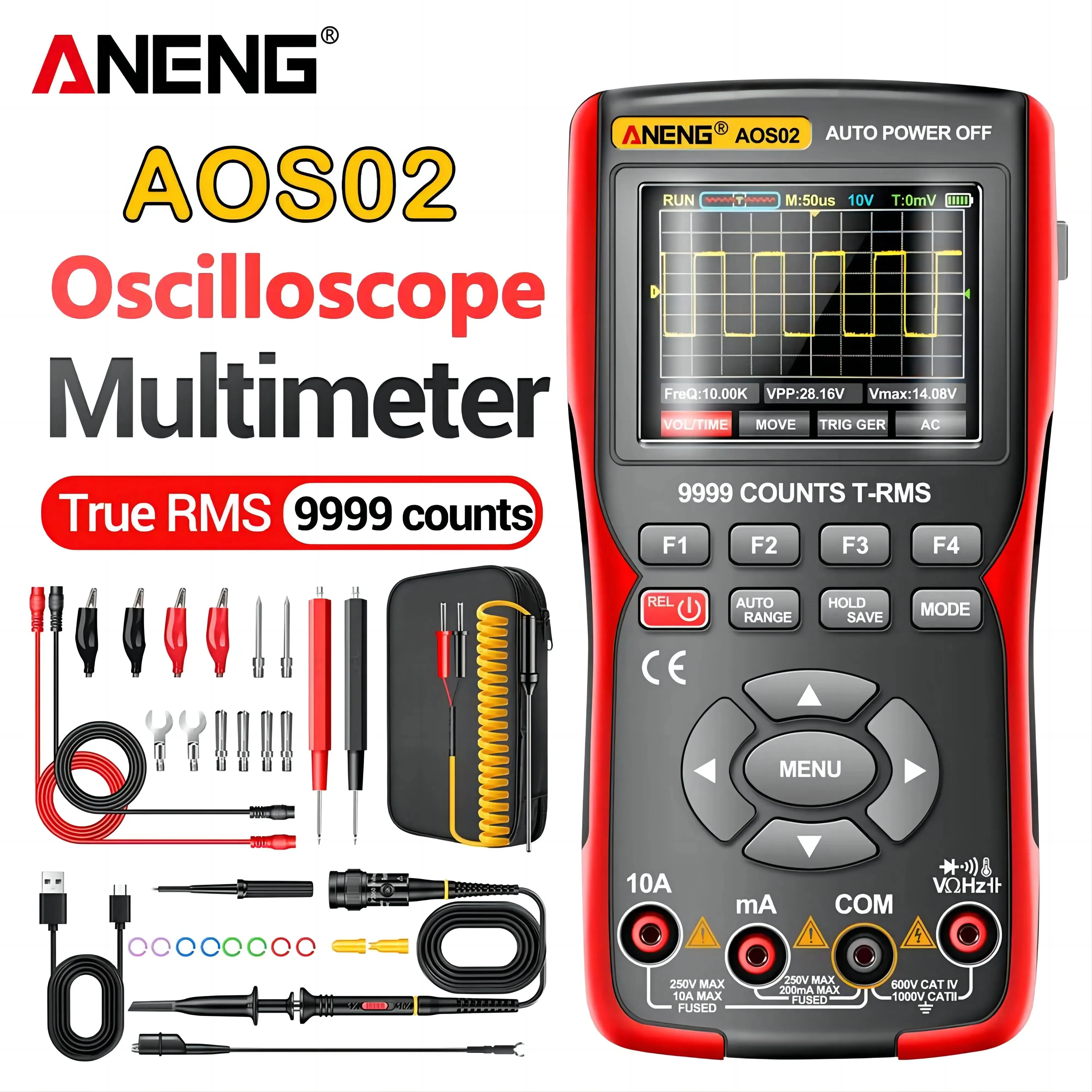 ANENG AOS02 Professional Digital Oscilloscope Multimeter True RMS 48MS/s Sampling Rate 10MHZ Analog Bandwidth Data Storage 