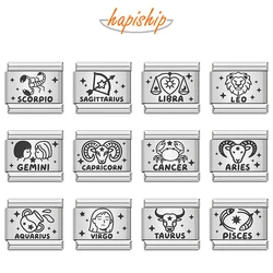 Hapiship 2024 New Women Unique 12 Constellation Italian Charms Links Fit 9mm Bracelet Stainless Steel DIY Making Jewelry DJ2083