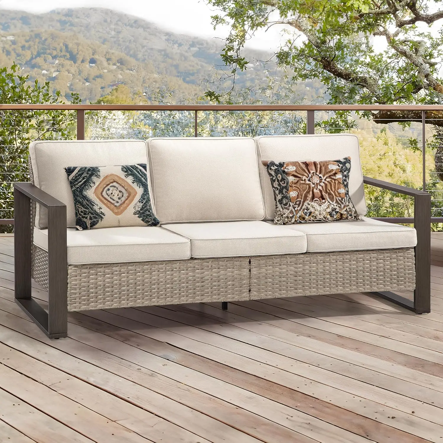 

Patio Sofa Wicker 3-Seat Outdoor Couch with Deep Seating, High Back, Steel Frame and Non-Slip Cushion, Beige