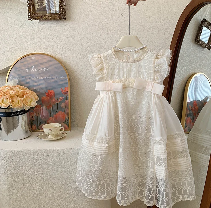 New Baby Summer Girls Fairy Lace Bow Flower Dress, Princess Kids Sweet Fashion Party Dresses  3-7 T