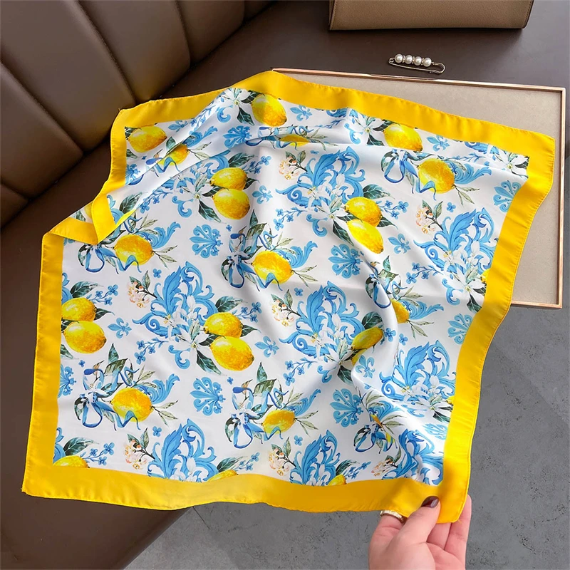 

Summer Sunscreen Lemon Print 70cm Square Beach Silk Scarf Casual Elegant Thin Breathable Neck Women Head Wrap Hair Scarves Shawl