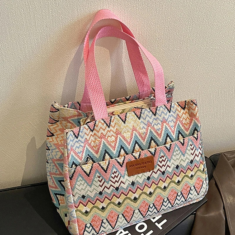 Bohemian Ethno-Stil Geometrischer Druck Canvas-Tragetasche, Bunte Zickzack-Muster Handtasche für Damen, Große Kapazität Pendler-Schultertasche – Detail 17