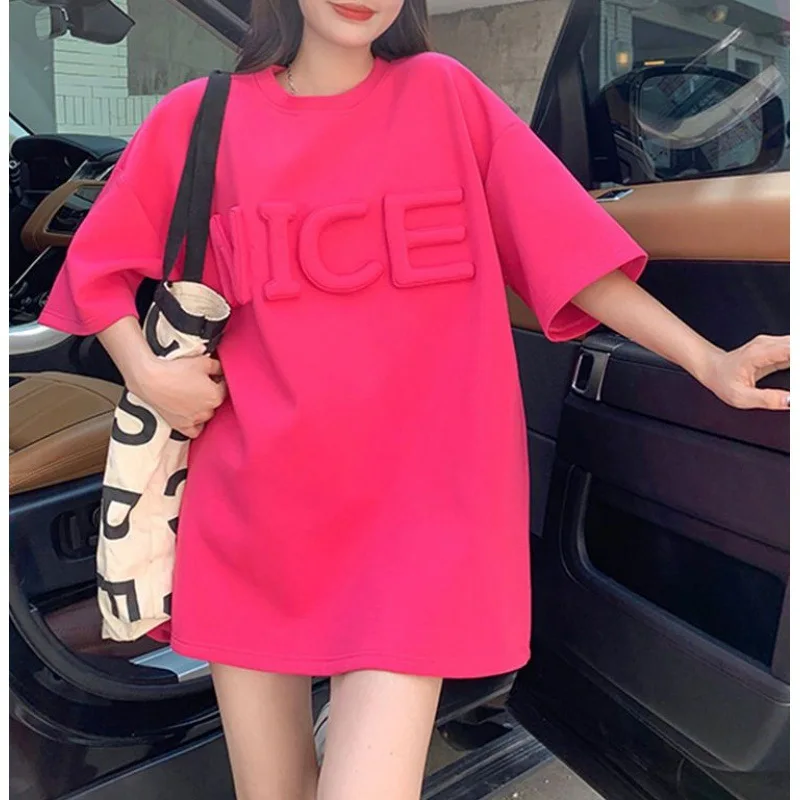 Korean Rose Red 2023 New Women 3D Letter Design Loose Short Sleeve T-shirt  Y2K Mid length Casual Versatile Half Sleeve Top