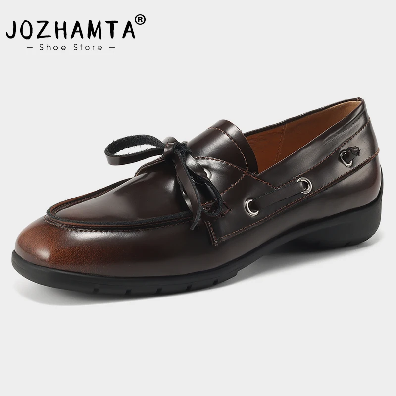 JOZHAMTA Vintage Women Casual Loafers Genuine Leather Thick Heels Shoes Platform Bow Retro Office Lady Daily Dress Size 34-39