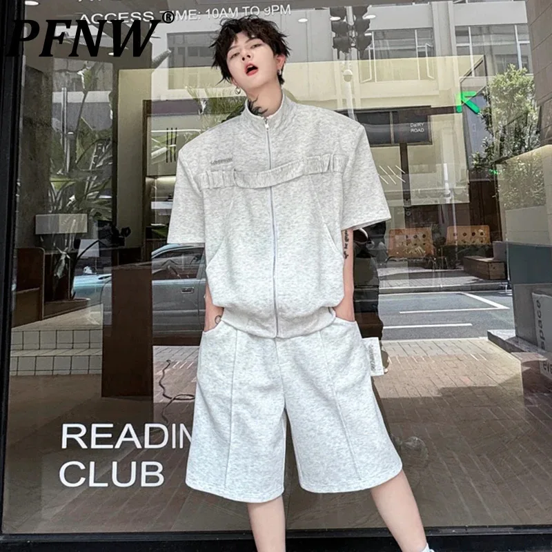 

Мужской комплект PFNW с воротником-стойкой, украшенный лентами, короткий рукав, куртка, повседневные однотонные шорты 2024, осенняя уличная одежда KK2752/P180