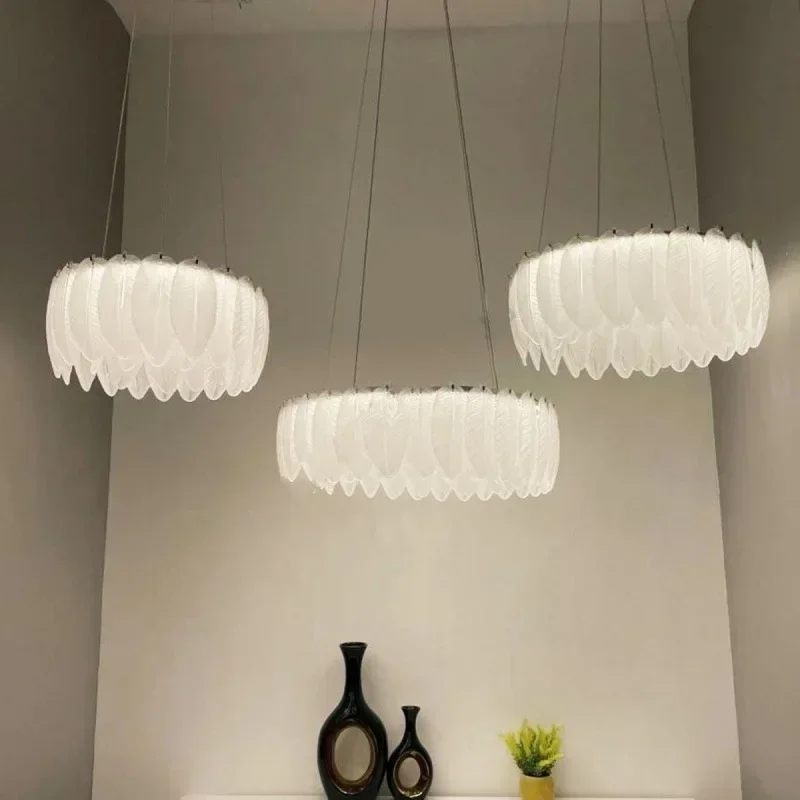 Nordic Luxury  Feather Led Chandelier for Living Dining Room Bedroom White Glass Pendant Lights Home Decoration Hanging Light