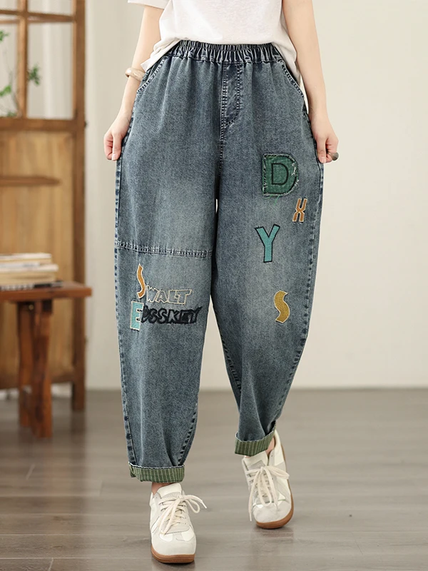 

Summer 2026 Women's Casual Harajuku Jeans Embroidered Loose Fit High Waist Cotton Polyester Blend Artistic Style Dad Jeans