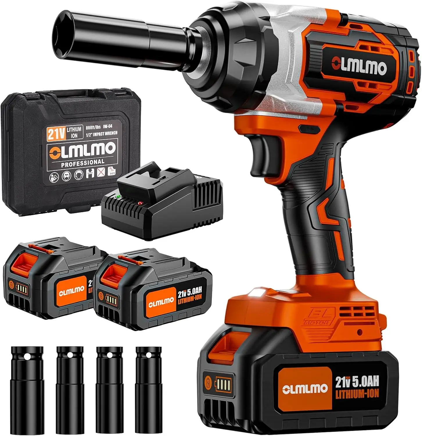 Impact Wrench 1/2 Inch, 2 x 5.0Ah Batteries Brushless Impact Wrench with Fast Charger, 4 Variable Speeds High Torque Impact Gun