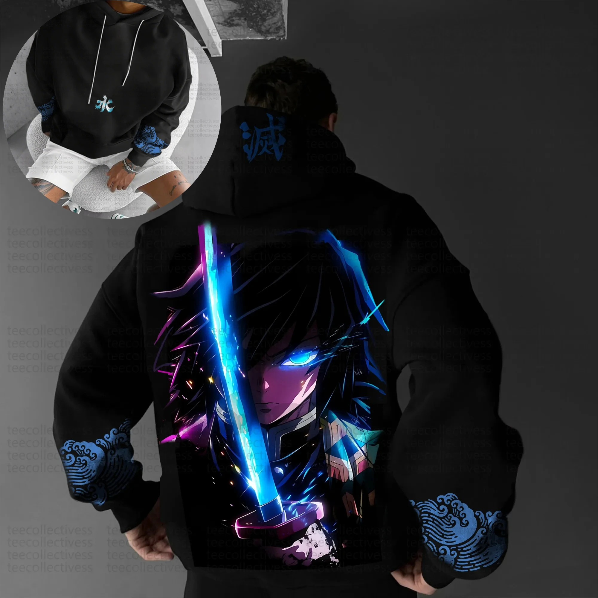 

Kimetsu No Yaiba Black Hoodie Men 2025 Winter Anime Character Design Blue Purple Light Effect Japanese Kanji Print Cotton
