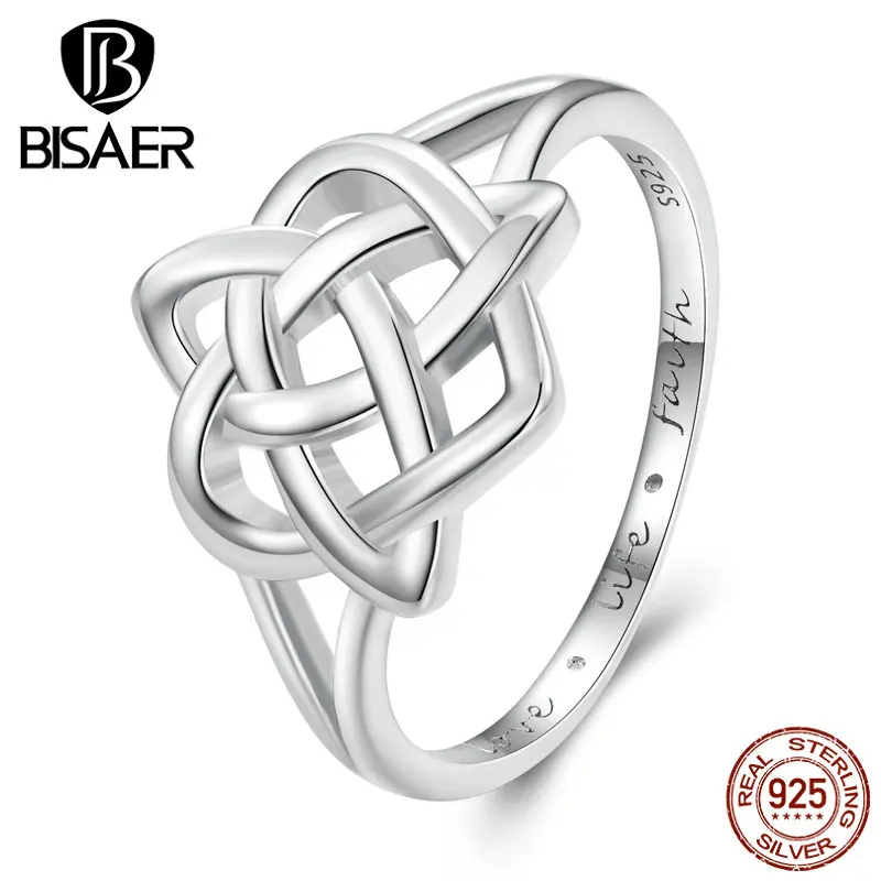 BISAER Real 925 Sterling Silver Celtic Knot Rings  Valentine's Day For Women Party Original Platinum Plated Fine Jewelry ECR908