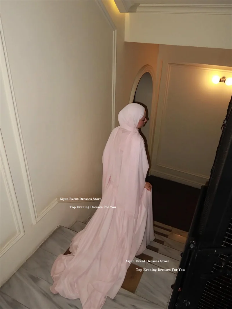 Xijun Modest Blush Pink Chiffon Evening Dresses Beading Pleated Full Sleeves Prom Dresses Luxury Dubai Prom Gowns Customized