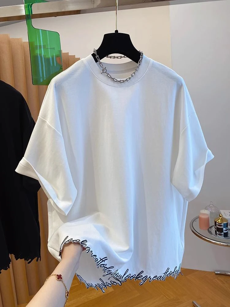 

Loose Fit Women's White Cotton T-irt ort Sve Base Layer irt European Sle Faionable Casual Top Large Size