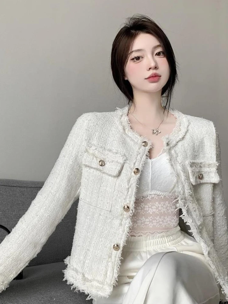 

Korean Fashion Vintage Tweed Woolen Jacket Coat Women Spring Autumn Single Breasted Plaid Tassel Office Lady Outwear Coat