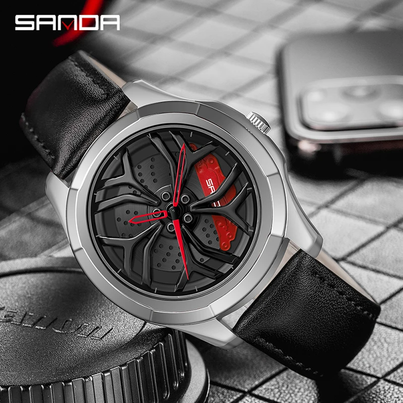 SANDA P1065 2023 Fashion New Flagship Men's Quartz Watch Unique Racing Furious Rotating Wheel Wristwatch Gifts Relogio Masculino