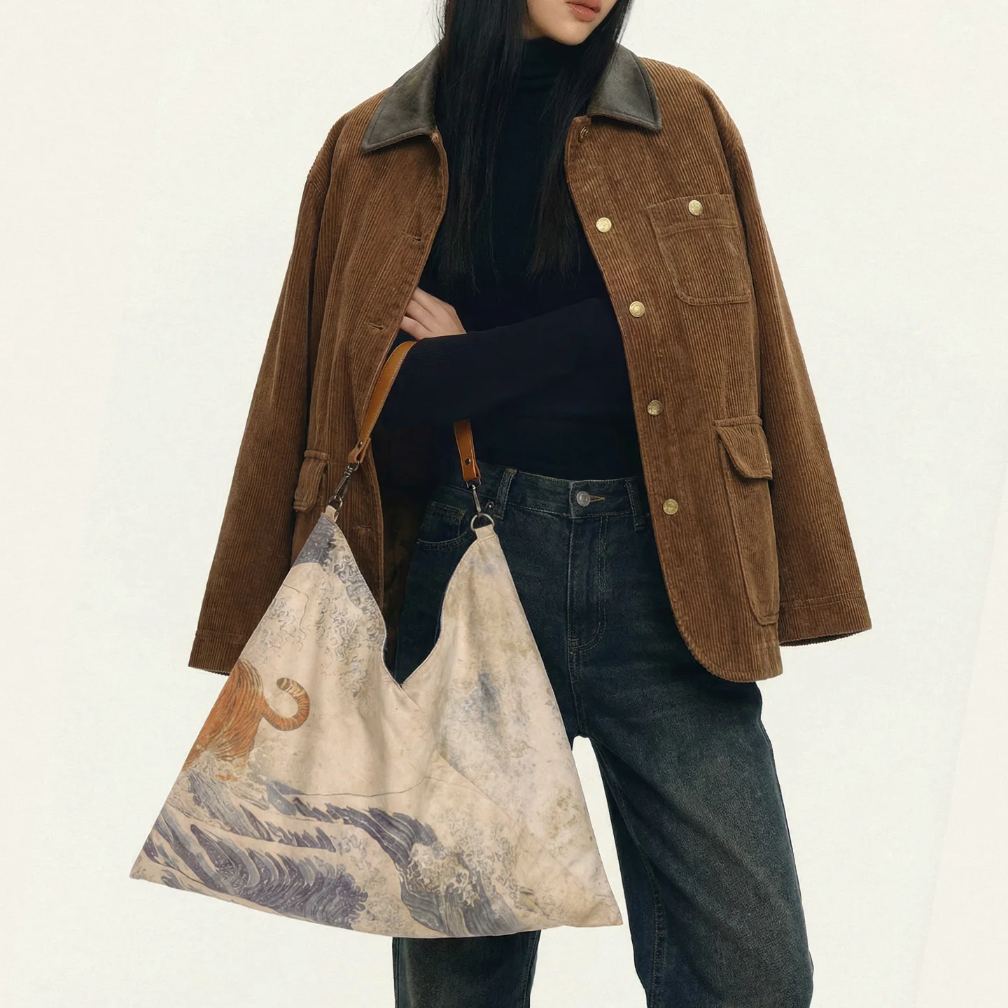 

Женская ретро-сумка Maden в стиле укиё-э с ремешком из натуральной кожи, повседневная сумка-тоут для путешествий, вместительная сумка для поездок на работу