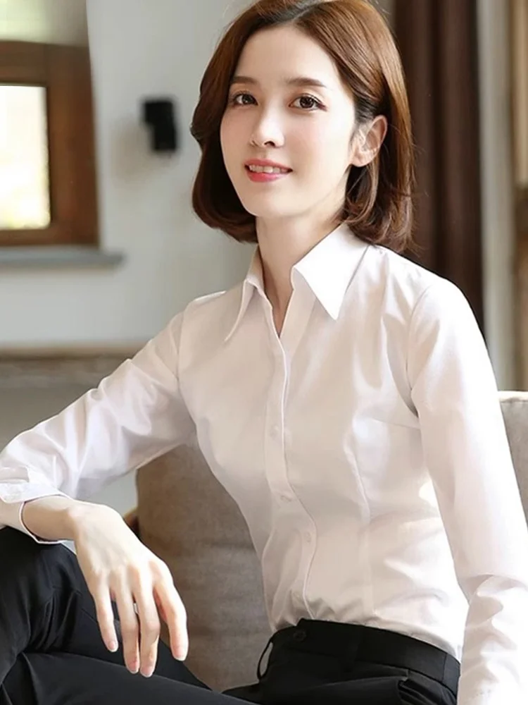

Romon White Shirt Women's Professional Long Sleeve V-neck Formal Workwear Anti-wrinkle Easy-care Commute Style Bamboo Fiber