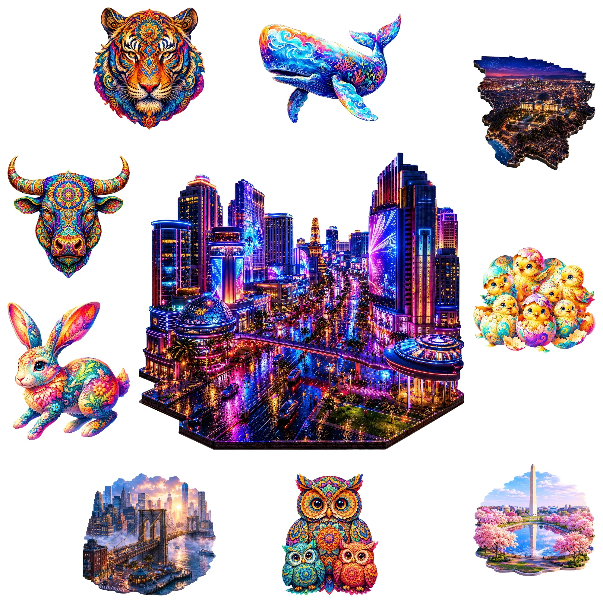 Neon City Flat Wooden Puzzle Educational Toy Animal Jigsaw Puzzle Tabletop Puzzle Game Special Occasion Gift Gift for Teens Kids