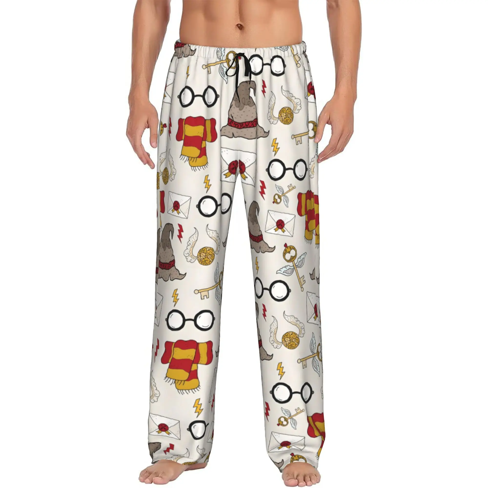 Custom Printed H-Harryed Halloween Pajama Pants Men Magic School Sleep Sleepwear Bottoms with Pockets