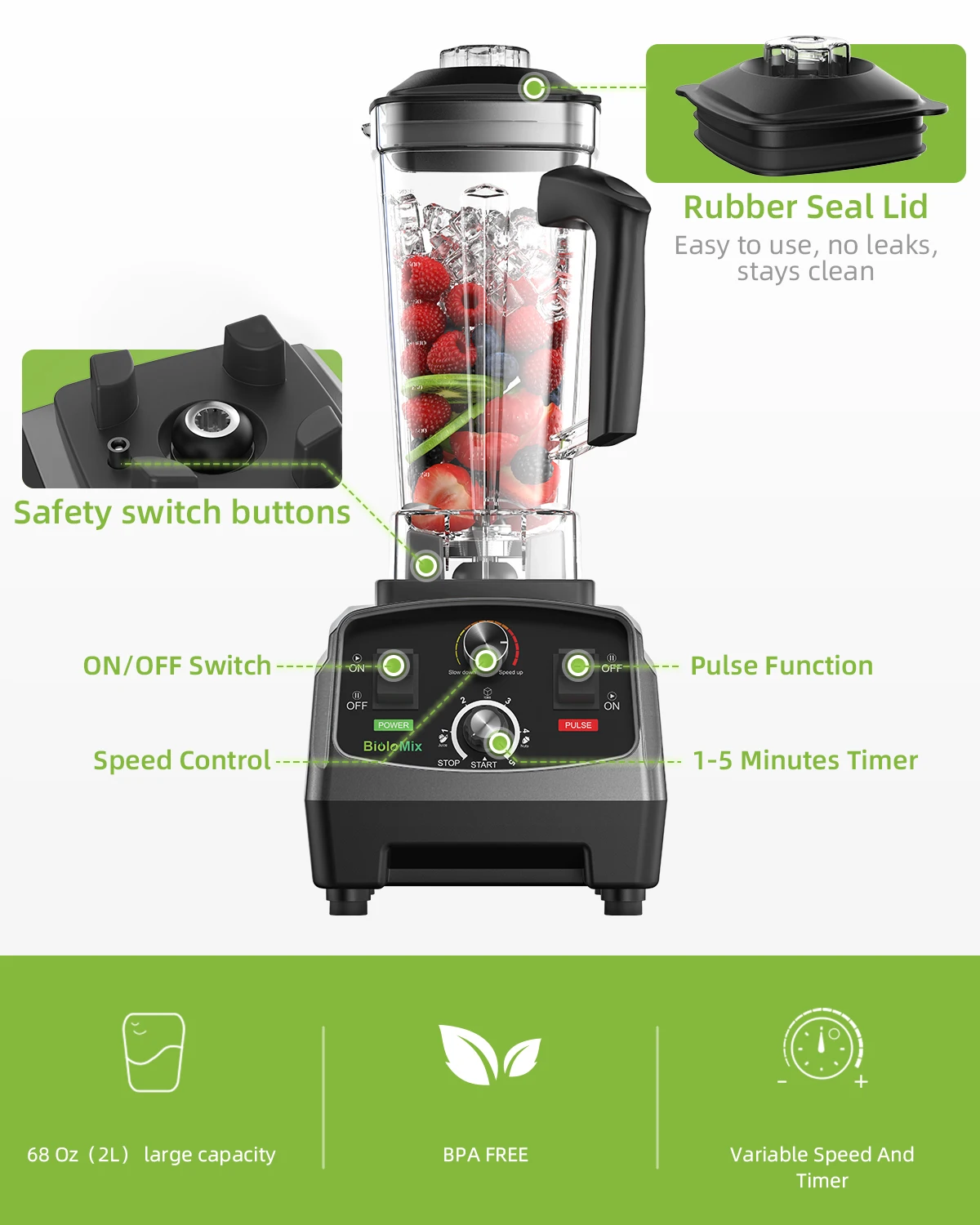 BioloMix 3HP 2200W Heavy Duty Commercial Grade Timer Blender Mixer Juicer Fruit Food Processor Ice Smoothies BPA Free 2L Jar