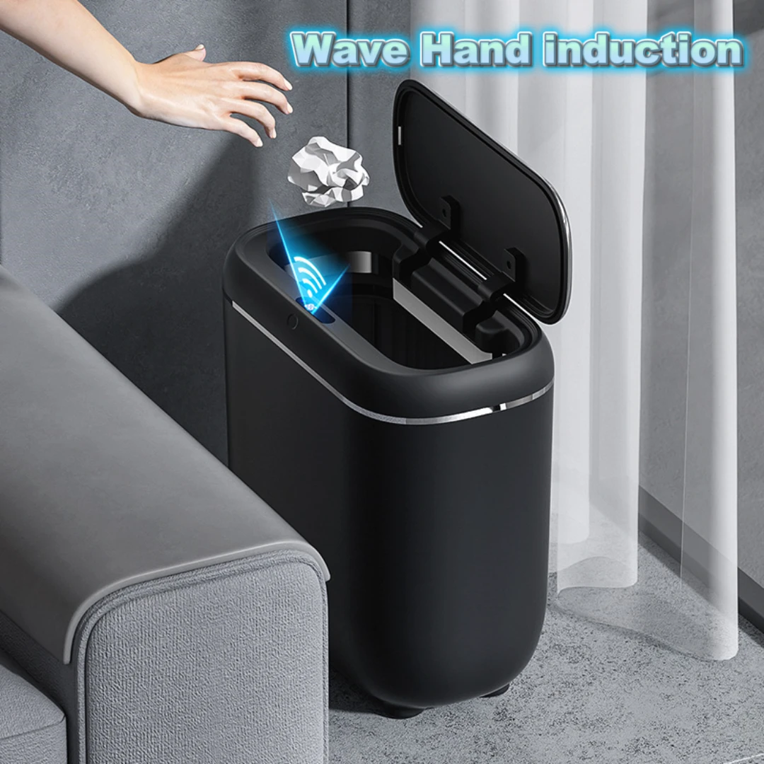 Bathroom Trash Can with Lid,14L Automatic Touchless Garbage Can, Smart Motion Sensor, Slim Plastic Trash Bin for Bedroom, Office