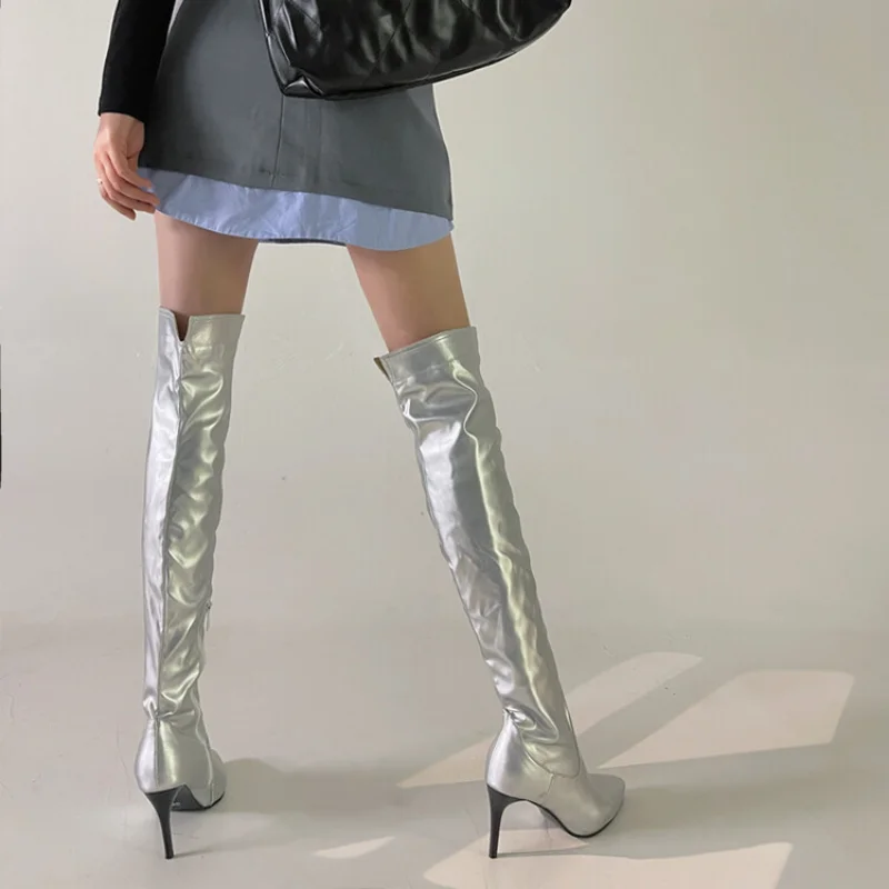 2023 Winter Over Knee Thigh Long Boots Pointed 7.5cm Thin Heel Silver Women\'s Thigh Boots Oversize 34-48 Elastic Women\'s Shoes