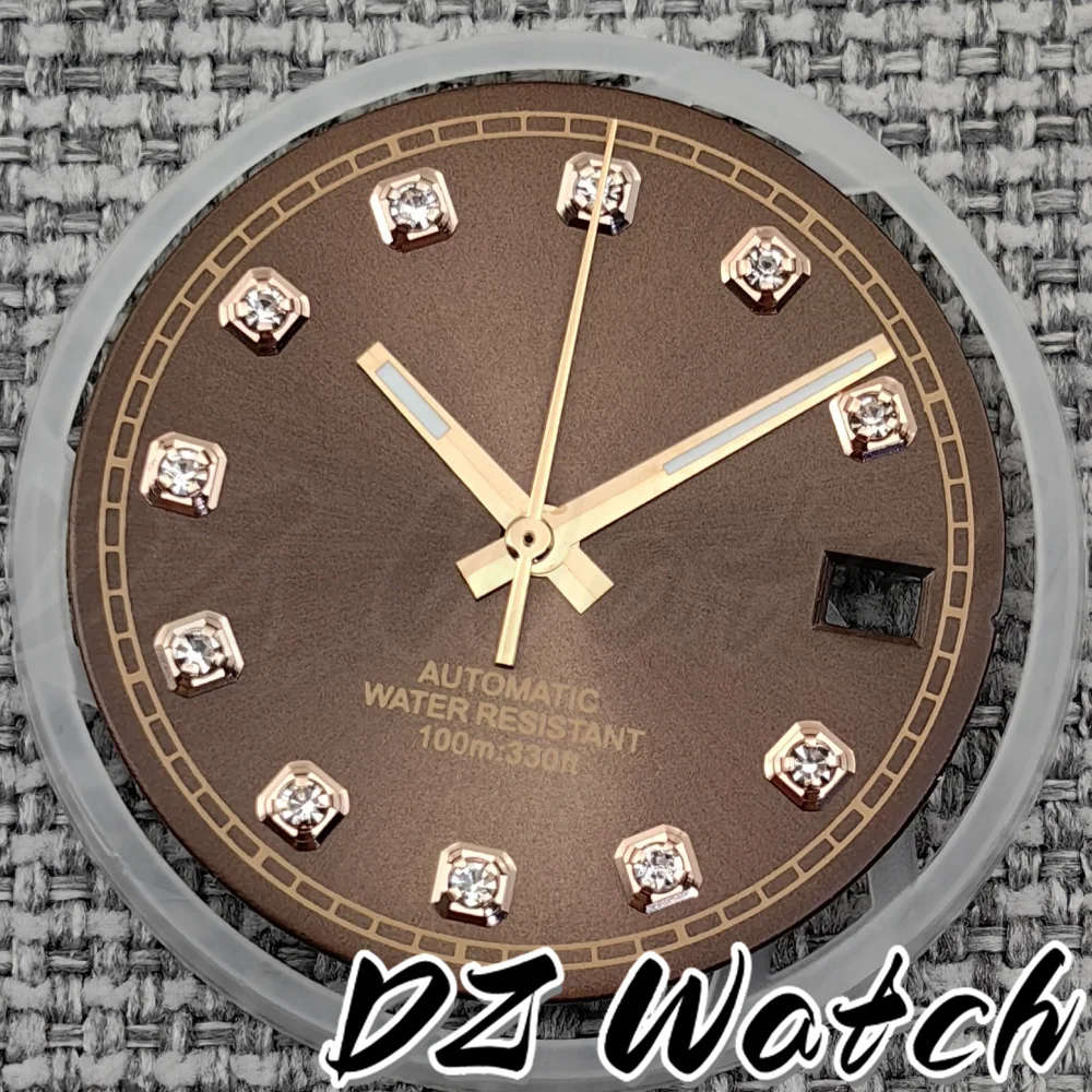 DZ 29mm Sunburst Watch Dial Pink Gold Green Dial With Diamond Index Date And Hands  Fit NH35 Automatic Watch Modified Replace