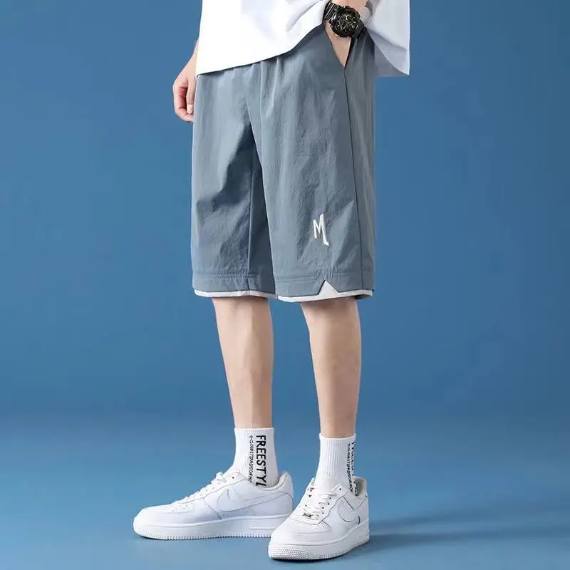 Summer Fashion Korean Casual Sports Shorts Loose Straight Men Elastic Waist Pocket Streetwear Quick Drying Wide Leg Short Pants