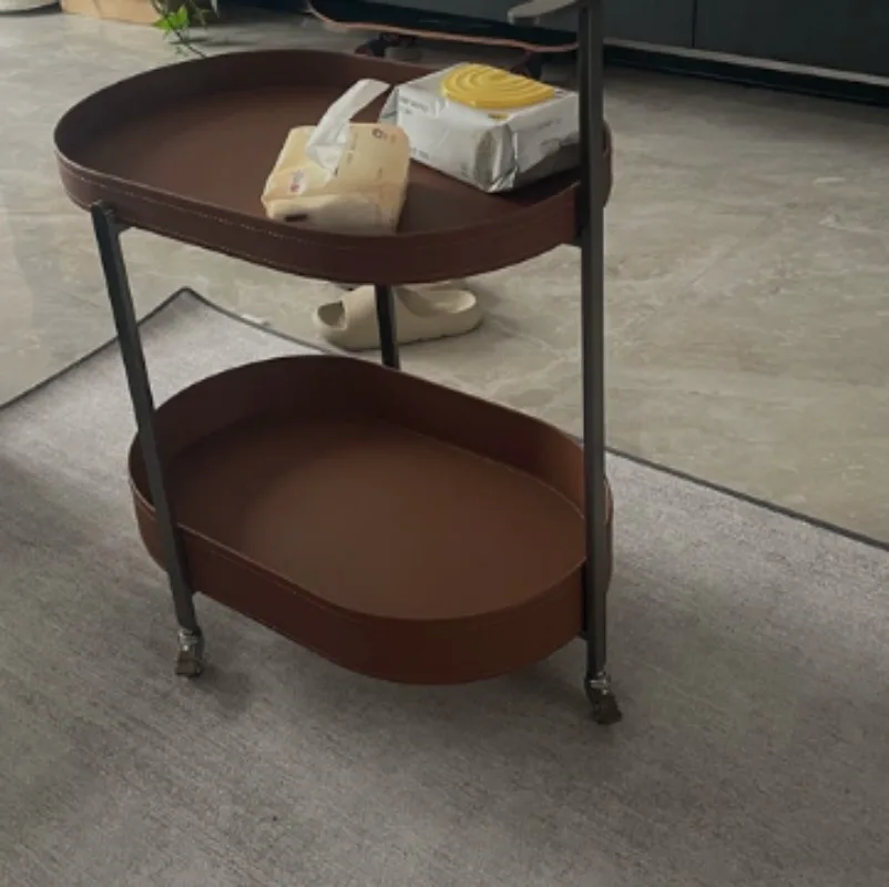 For Light Luxury Italian Saddle Leather Removable Living Room Sofa Side Cart Coffee Table Household With Wheels Storage Rack