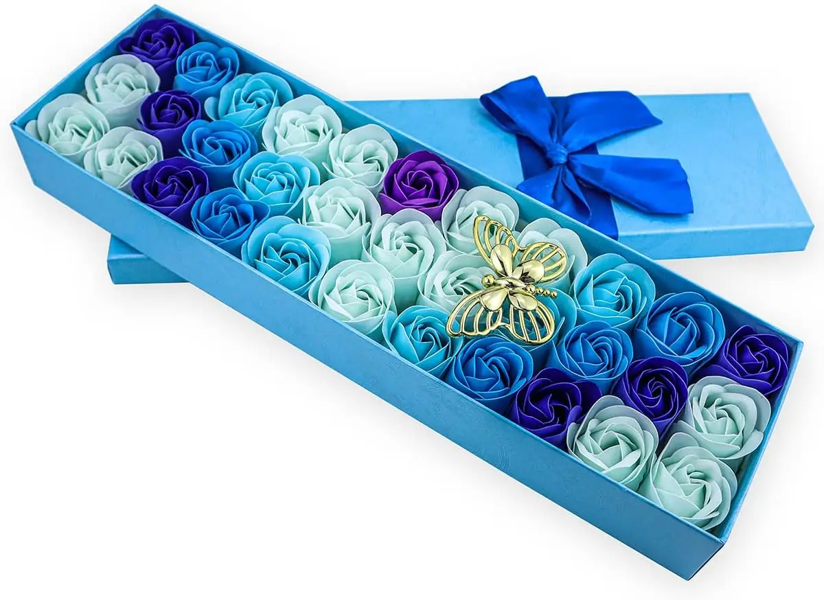 

33 PCS Floral Scented Bath Soap Rose Flower Petals, Plant Essential Oil Soap Set Gift Ideas for Women Mom Valentine's Day, Blue