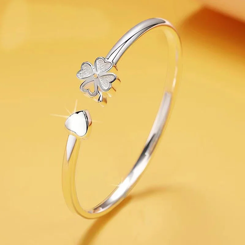 

Fashion Clover Flower Heart Bangle For Lady Hand Accessories Trendy 925 Sterling Silver Bracelet Women Jewelry Open Size