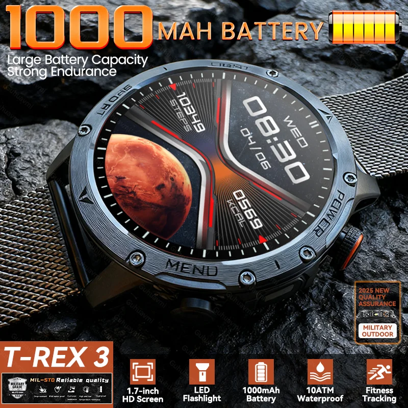 

2025 Real Outdoor T-Rex 1000mAh Battery Smart Watch GPS Flashlight 10ATM Waterproof Bluetooth Call Men Sports Fitness Smartwatch