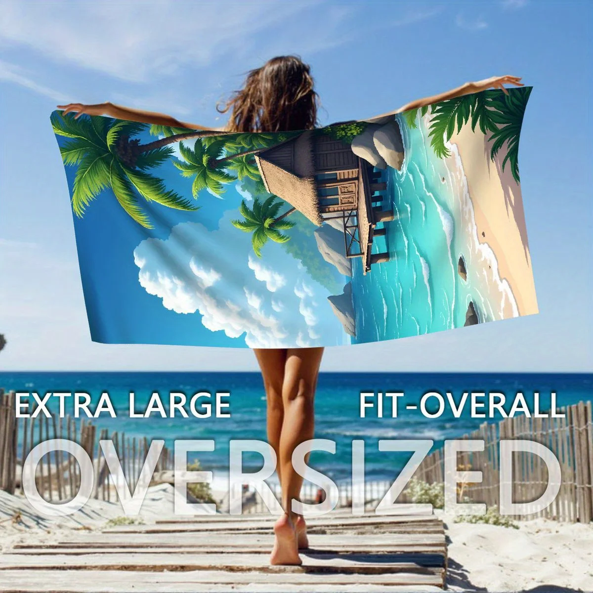 

1pc Ultra-Soft Microfiber Beach Towel - Quick Dry, Sand-Free, Extra Large & Lightweight with Tropical Palm & Overwater Bungalow