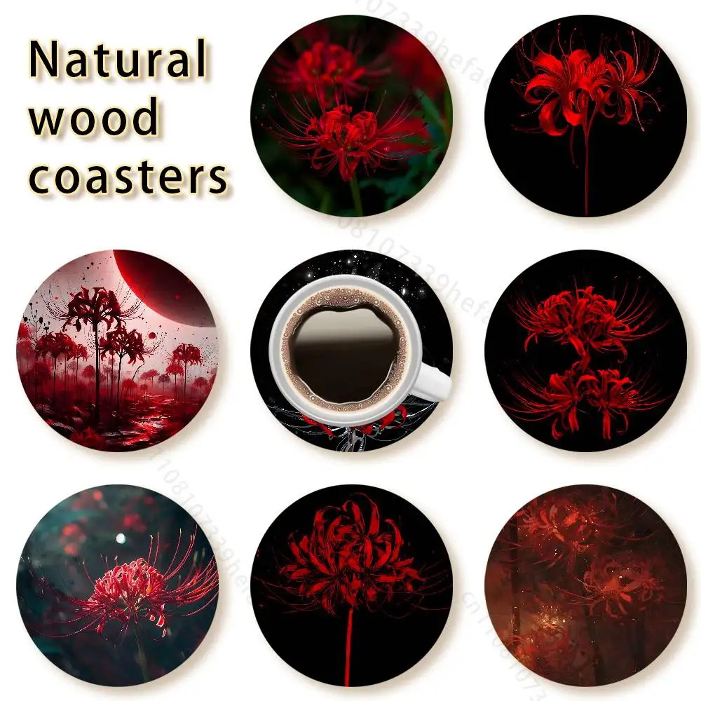 

Ghoul Red Spider Lily Tokyo Style Vintage 4in Wooden Coasters Coffee Tea Cups Home Decor Christmas New Year Party Gift