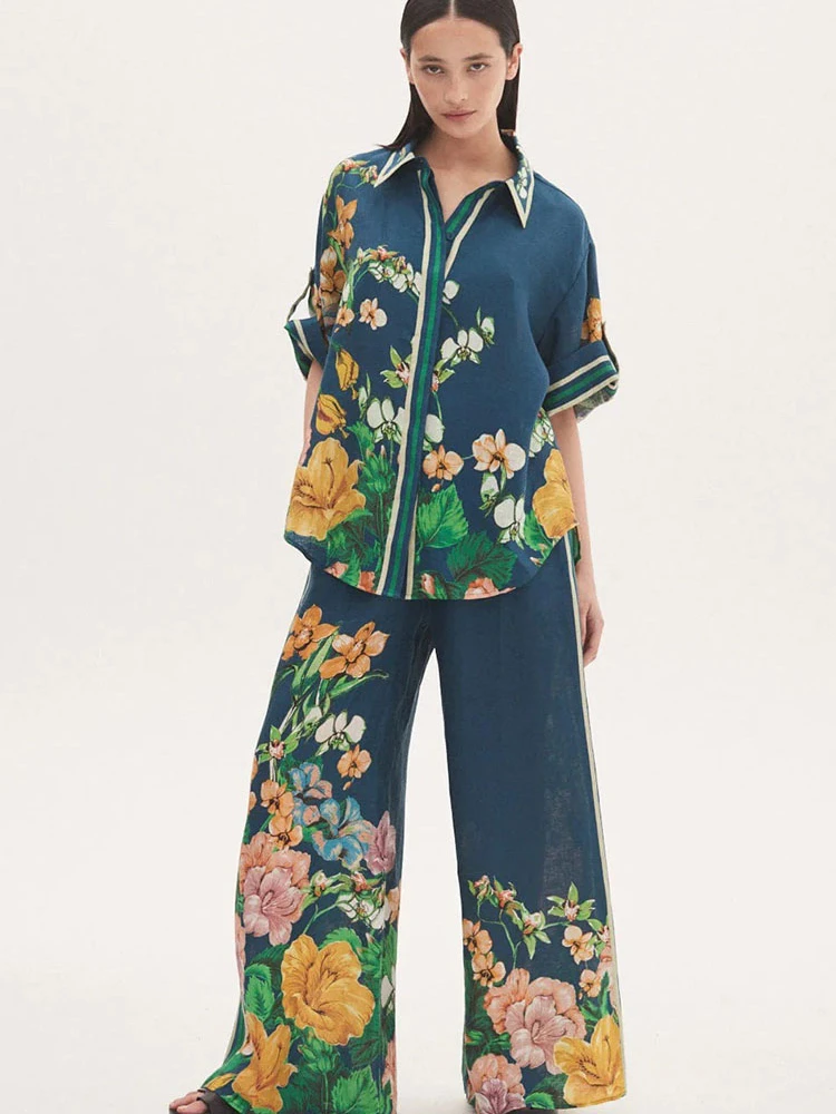 Alem@ais* Spring/Summer Women's Casual Loose Linen Print Hide Buttons Shirt + High Waist Tie Wide Leg Pants Trousers