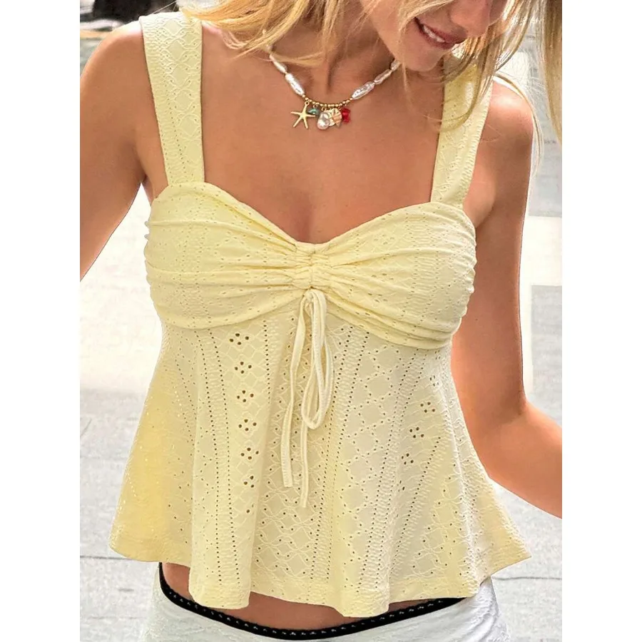 

MainGRL Mustard Yellow Knit Casual Sleeveless Top For Women Versatile For Summer Babydoll Tops Cream Top Ruched Top Bow Top Wom